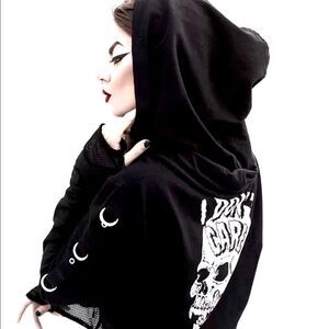 Black Long Sleeve D-Rings Mesh Trim Skull Graphic Sweatshirt Hoodie- NEW